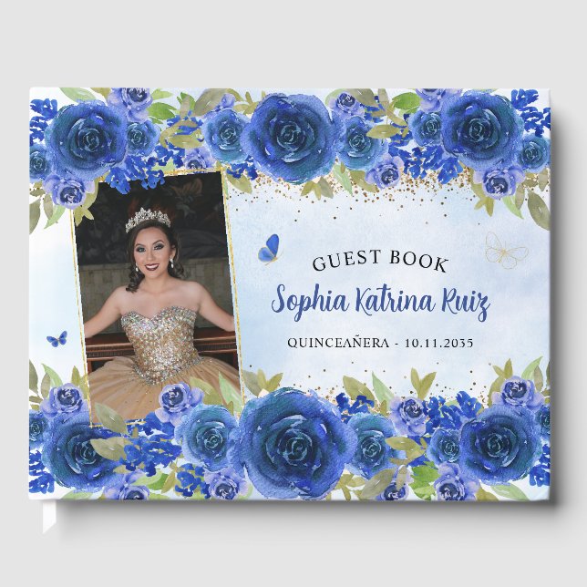Navy Blue Gold Floral Princess Quinceañera Photo Guest Book (Front)