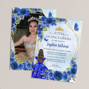 Navy Blue Gold Floral Princess Quinceañera Photo Invitation