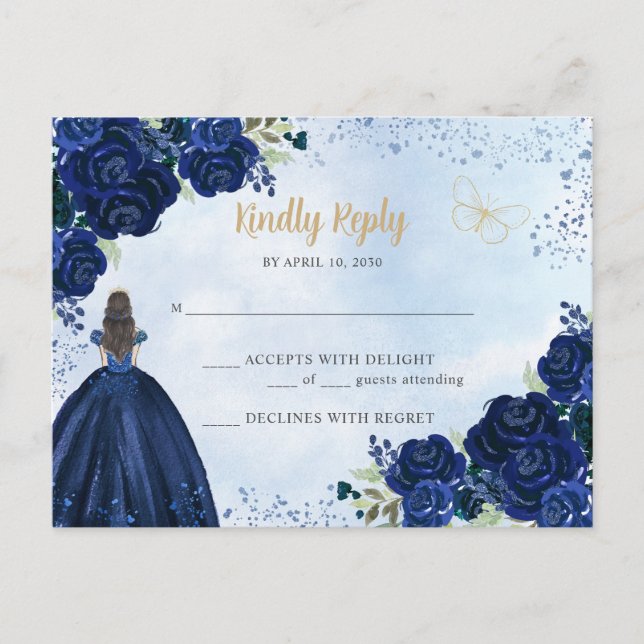 Navy Blue Gold Floral Princess Quinceañera RSVP Postcard (Front)