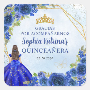 Navy Blue Gold Floral Princess Tiara Thank You Square Sticker