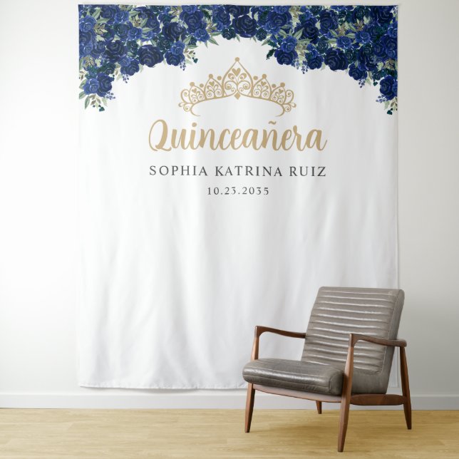 Navy Blue Gold Floral Quinceanera Photo Backdrop Tapestry (In Situ)