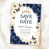 Navy Blue Gold Floral Quinceanera