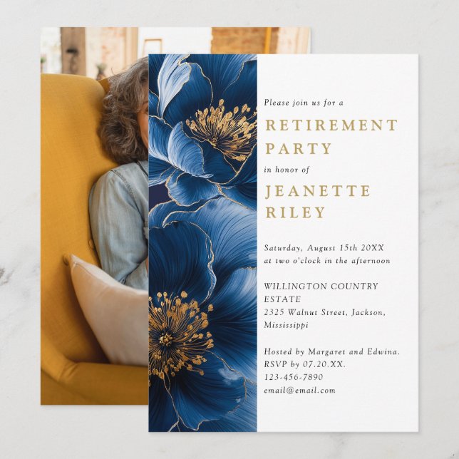 Navy Blue Gold Floral Retirement Party Photo Invitation (Front/Back)