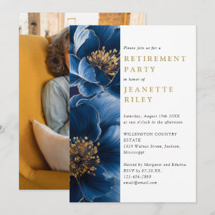 Navy Blue Gold Floral Retirement Party Photo Invitation
