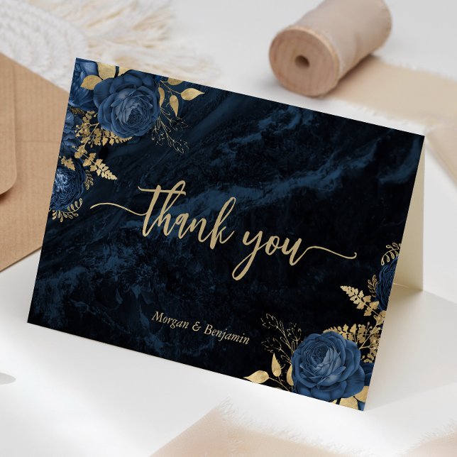 Navy Blue Gold Floral Script Wedding Thank You Card (Creator Uploaded)