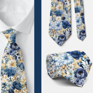 Navy Blue Gold Floral Watercolor Flowers Wedding Tie