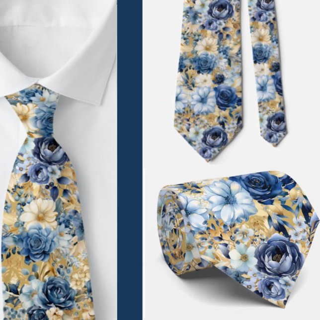 Navy Blue Gold Floral Watercolor Flowers Wedding  Tie (Creator Uploaded)