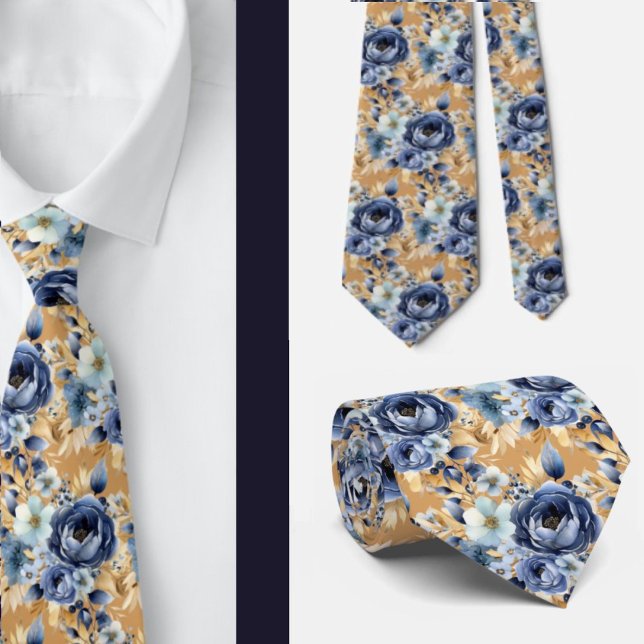 Navy Blue Gold Floral Watercolor Flowers Wedding  Tie (Creator Uploaded)