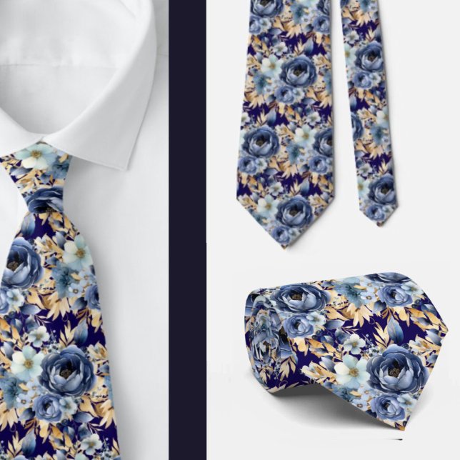 Navy Blue Gold Floral Watercolor Flowers Wedding  Tie (Creator Uploaded)