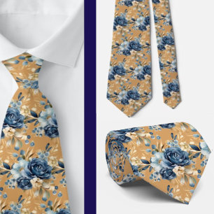 Navy Blue Gold Floral Watercolor Flowers Wedding  Tie