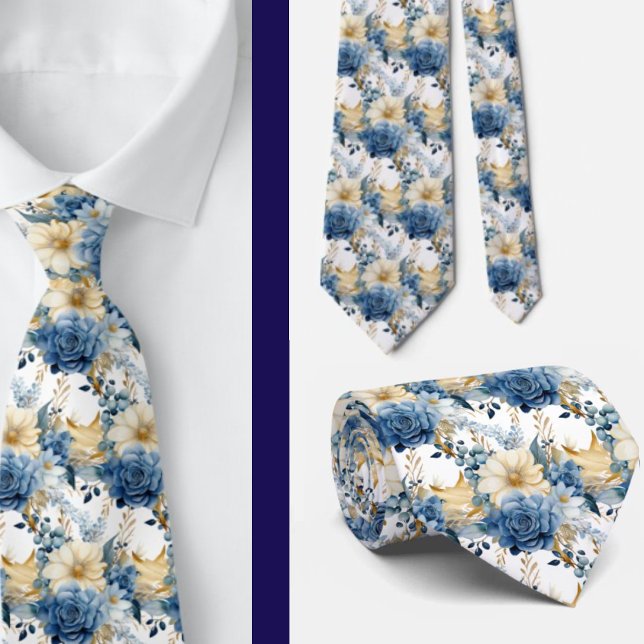 Navy Blue Gold Floral Watercolor Flowers Wedding  Tie (Creator Uploaded)