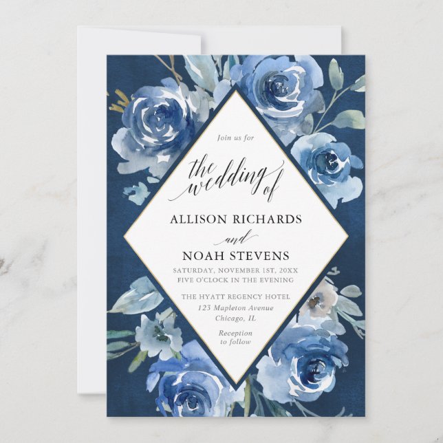 Navy blue gold floral watercolor modern wedding invitation (Front)