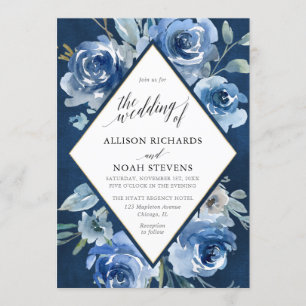 Navy blue gold floral watercolor modern wedding invitation