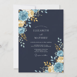 Navy Blue Gold Floral Watercolor Wedding Invitation