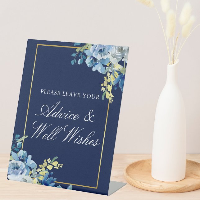 Navy Blue Gold Floral Wedding Advice & Well Wishes Pedestal Sign (Creator Uploaded)
