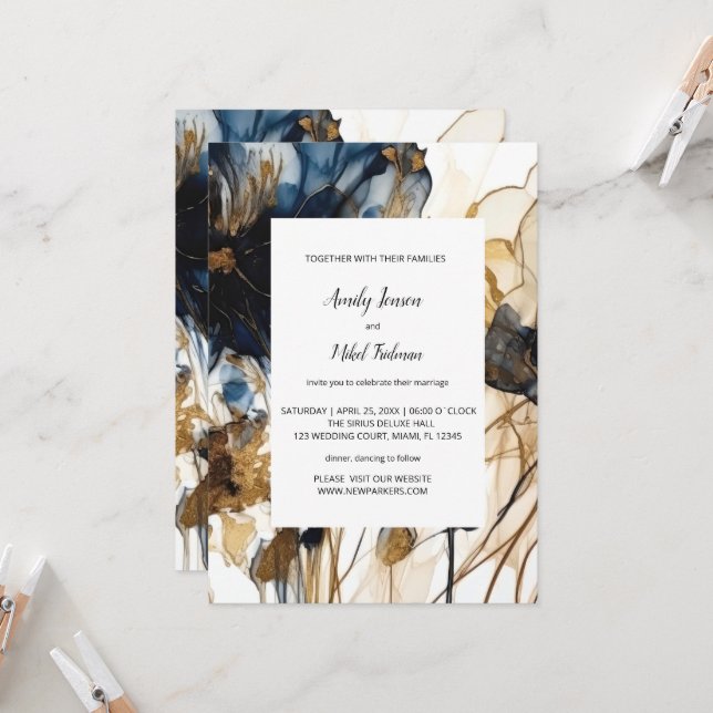 Navy Blue Gold Floral Wedding Invitation (Front/Back In Situ)