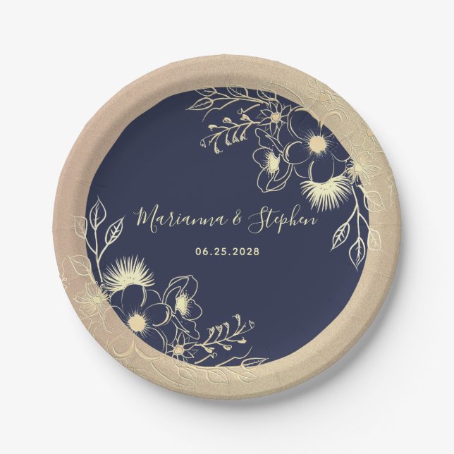 Navy Blue Gold Floral Wedding Paper Plate (Front)