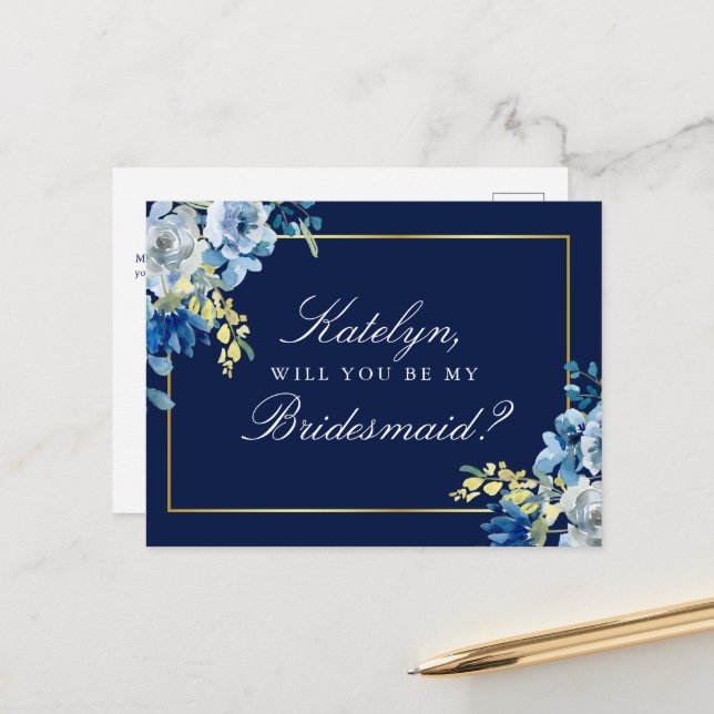 Navy Blue Gold Floral Will You Be My Bridesmaid In Postcard (Front/Back In Situ)