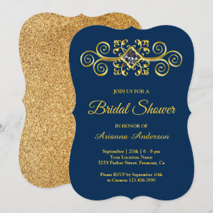 Navy Blue Gold Flourish Diamond Bridal Shower Invitation