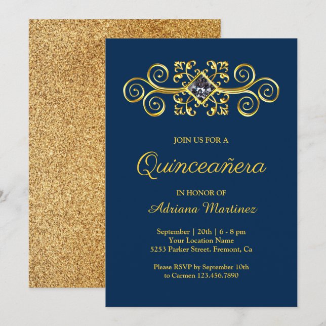 Navy Blue Gold Flourish Diamond Quinceanera Invitation (Front/Back)