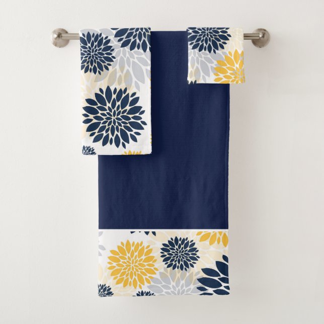 Navy Blue Gold Flower Pattern Bath Towel Set (Insitu)