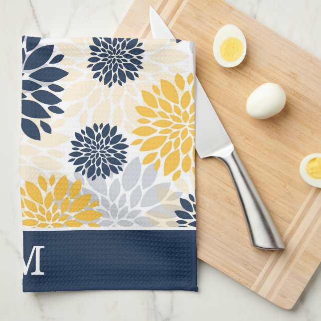 Navy Blue Gold Flower Pattern Monogram Tea Towel (Quarter Fold)