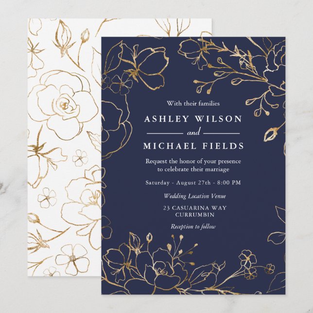 Navy Blue Gold Flowers Elegant Modern Wedding Invitation (Front/Back)
