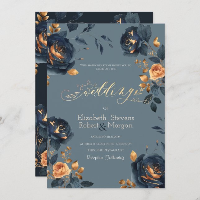Navy Blue Gold Flowers Wedding Invitation (Front/Back)