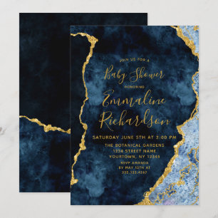 Navy Blue & Gold Foil Agate Baby Shower Invitation
