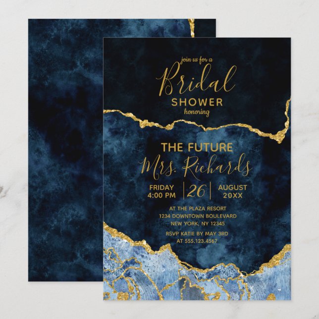 Navy Blue Gold Foil Agate Bridal Shower Invitation (Front/Back)