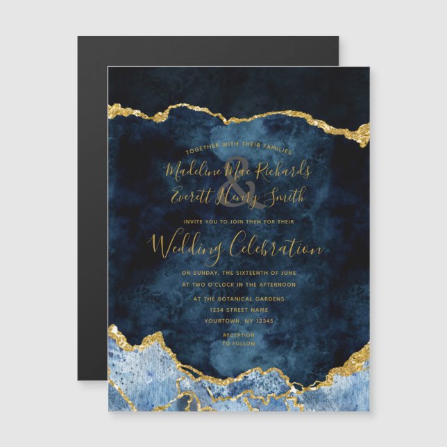 Navy Blue Gold Foil Agate Gilt Wedding Invitation (Front/Back)