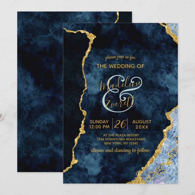 Navy Blue Gold Foil Agate Gilt Wedding Invitations (Front/Back)