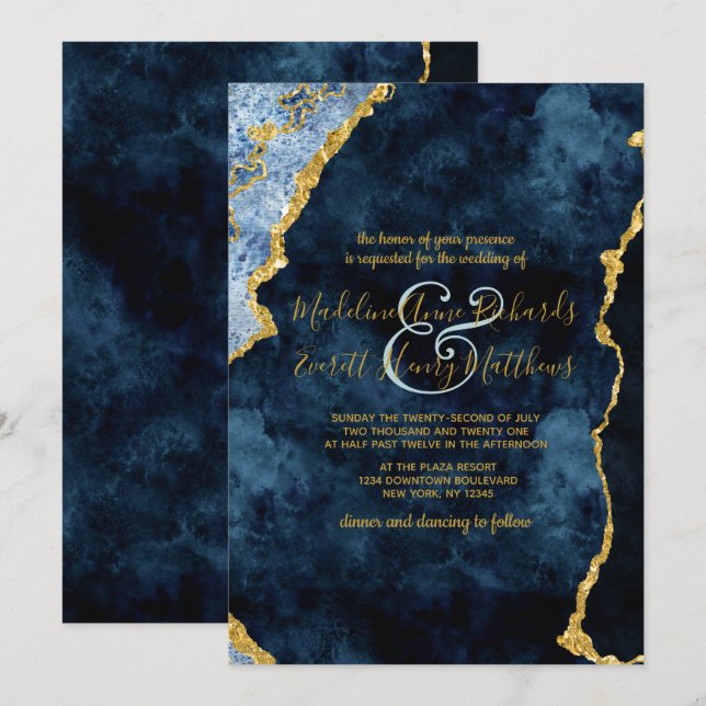 Navy Blue Gold Foil Agate Gilt Wedding Invitations (Front/Back)