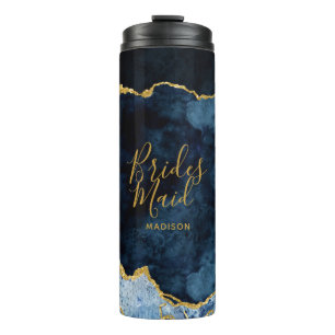 Navy Blue & Gold Foil Agate Marble Bridesmaid Thermal Tumbler