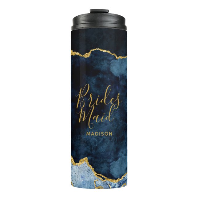 Navy Blue & Gold Foil Agate Marble Bridesmaid Thermal Tumbler (Front)