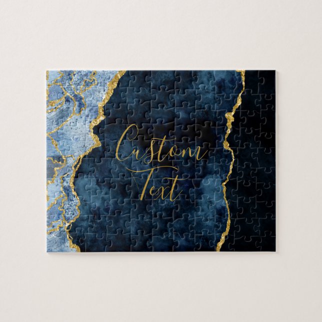 Navy Blue & Gold Foil Agate Marble Custom Text Jigsaw Puzzle (Horizontal)