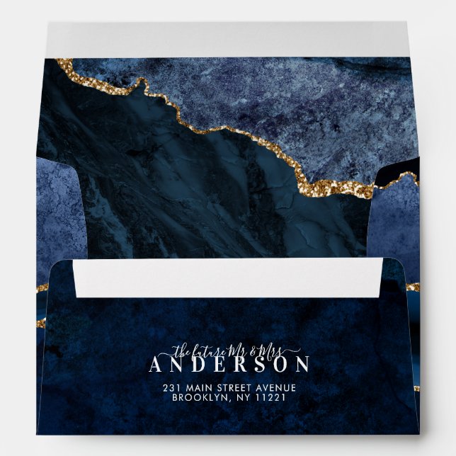 Navy Blue Gold Foil Agate Marble Geode Wedding Envelope (Back (Bottom))
