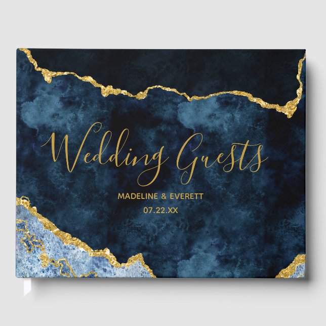 Navy Blue Gold Foil Agate Marble Gilded Wedding Guest Book (Front)
