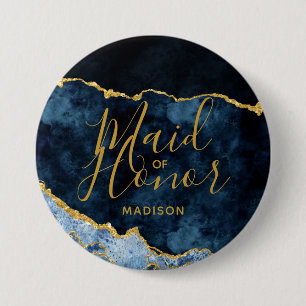 Navy Blue & Gold Foil Agate Marble Maid of Honour 7.5 Cm Round Badge