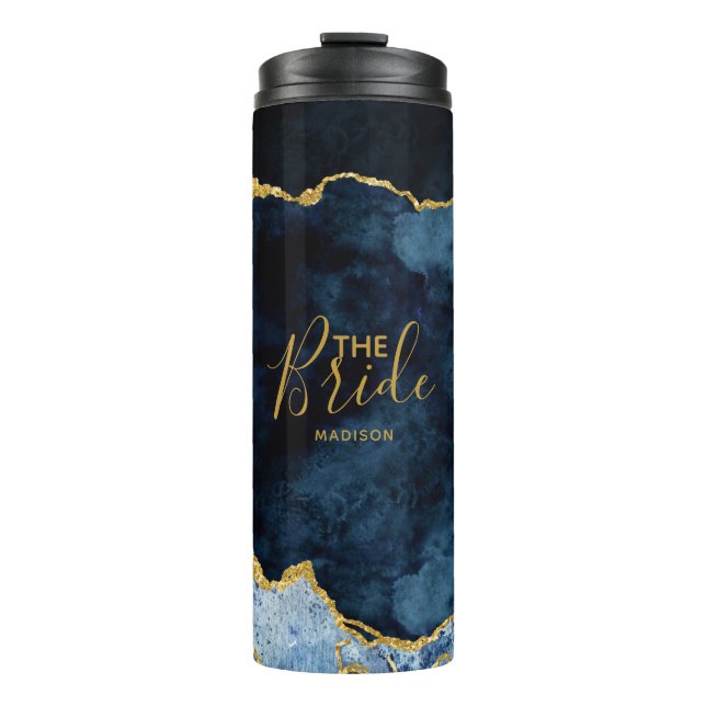 Navy Blue & Gold Foil Agate Marble the Bride Thermal Tumbler (Front)