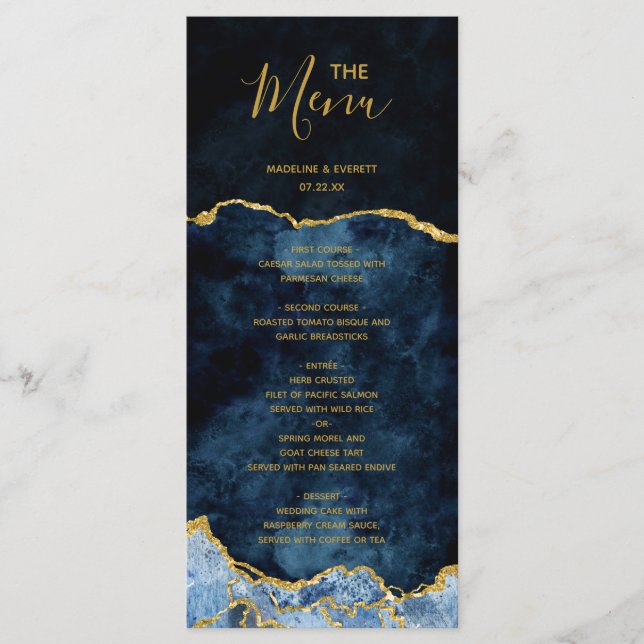 Navy Blue Gold Foil Agate Marble Wedding Menu (Front)