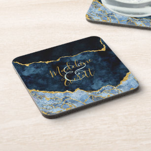 Navy Blue Gold Foil Agate Marble Wedding Monogram Coaster