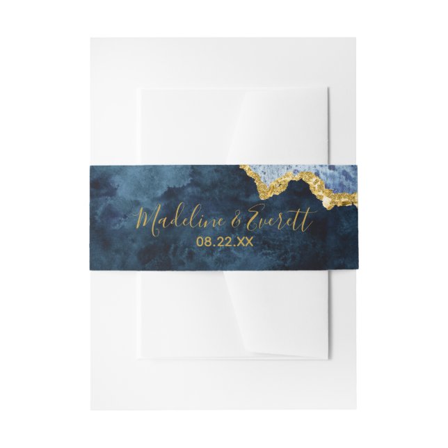 Navy Blue Gold Foil Agate Marble Wedding Monogram Invitation Belly Band (Front Example)