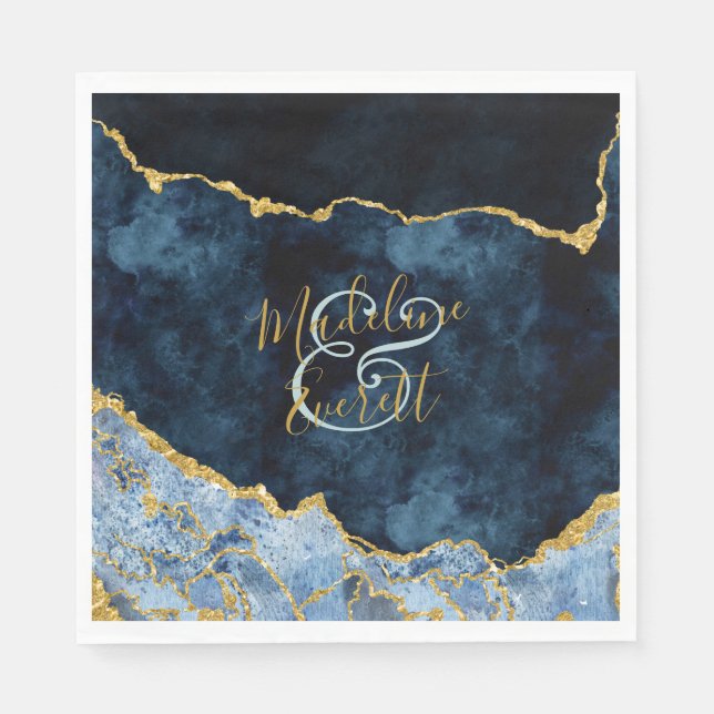 Navy Blue Gold Foil Agate Marble Wedding Monogram Napkin (Front)