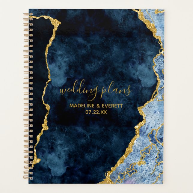 Navy Blue Gold Foil Agate Marble Wedding Plans Planner (Front)