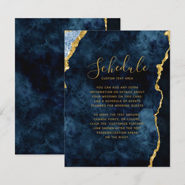 Navy Blue Gold Foil Agate Marble Wedding Schedule Invitation (Front/Back)