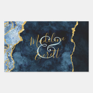 Navy Blue Gold Foil Agate Monogram Wedding Rectangular Sticker