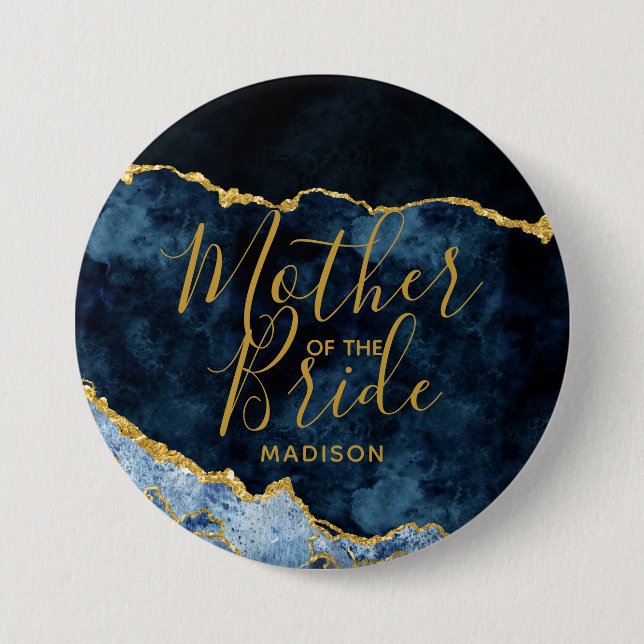 Navy Blue & Gold Foil Agate Mother of the Bride 7.5 Cm Round Badge (Front)