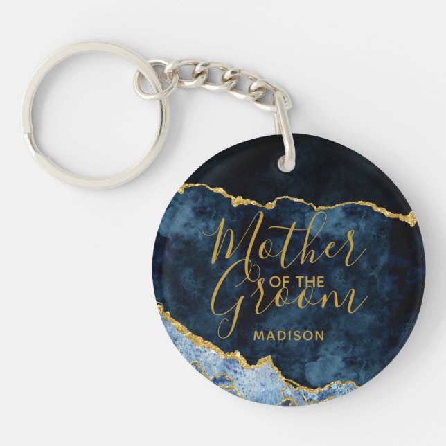 Navy Blue & Gold Foil Agate Mother of the Groom Key Ring (Front)