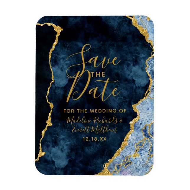Navy Blue Gold Foil Agate Save the Date Wedding Magnet (Vertical)